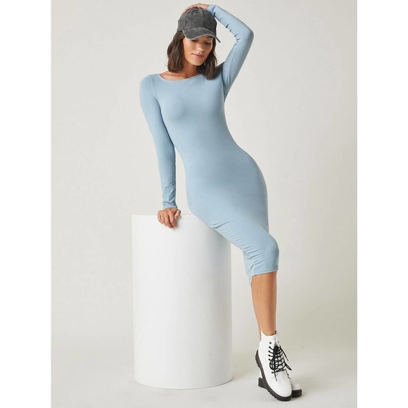 long sleeve fitted Solid Bodycon Midi Dress black - Picture 11 of 11